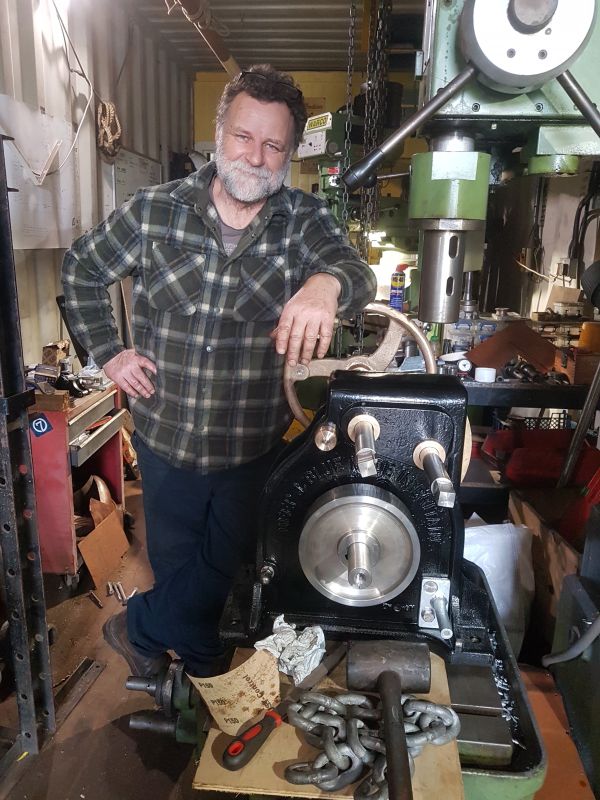 Dave Webster, at the workshop with a Model No.2 windlass in build.